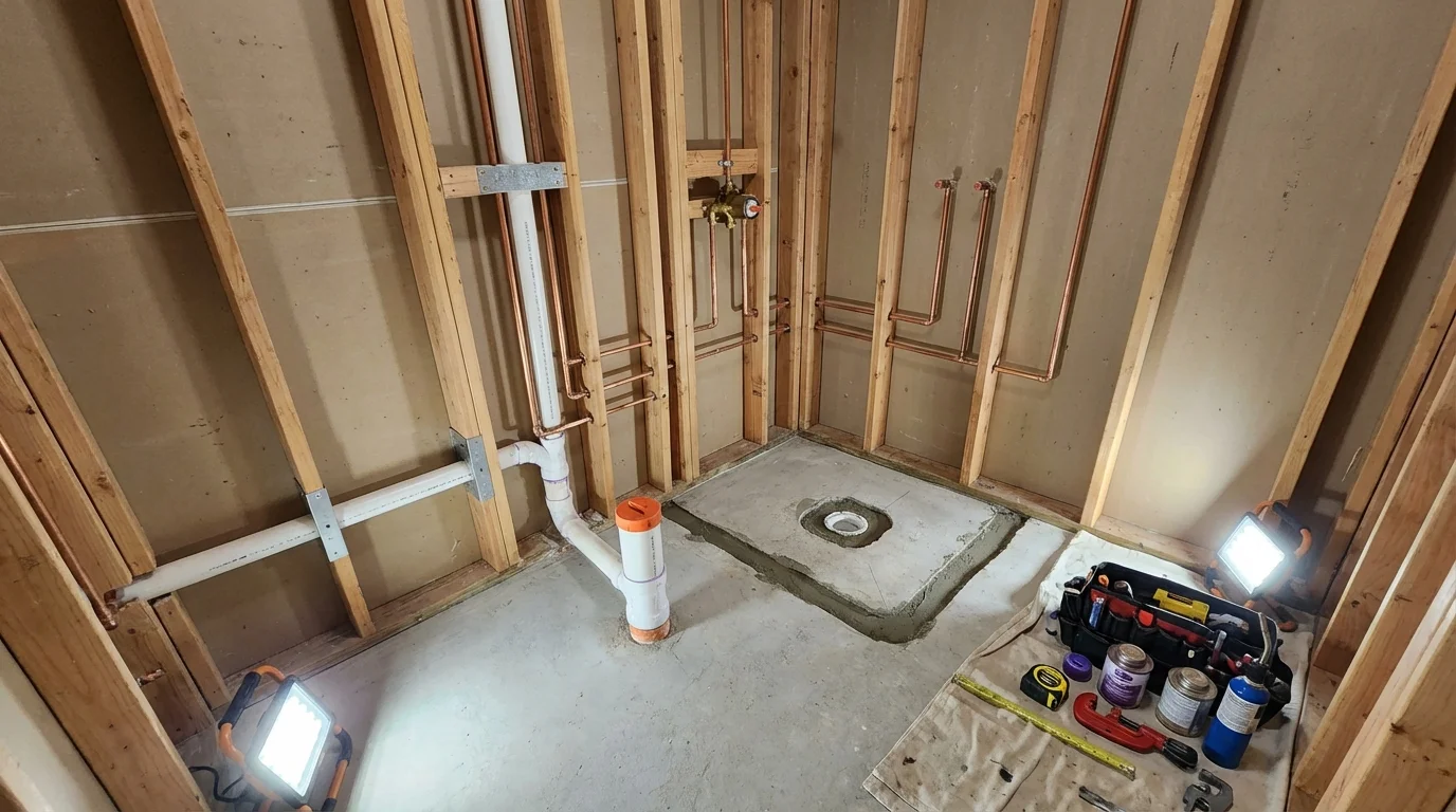 Bathroom rough-in plumbing during remodel by Johns Plumbing LLC in Freeburg