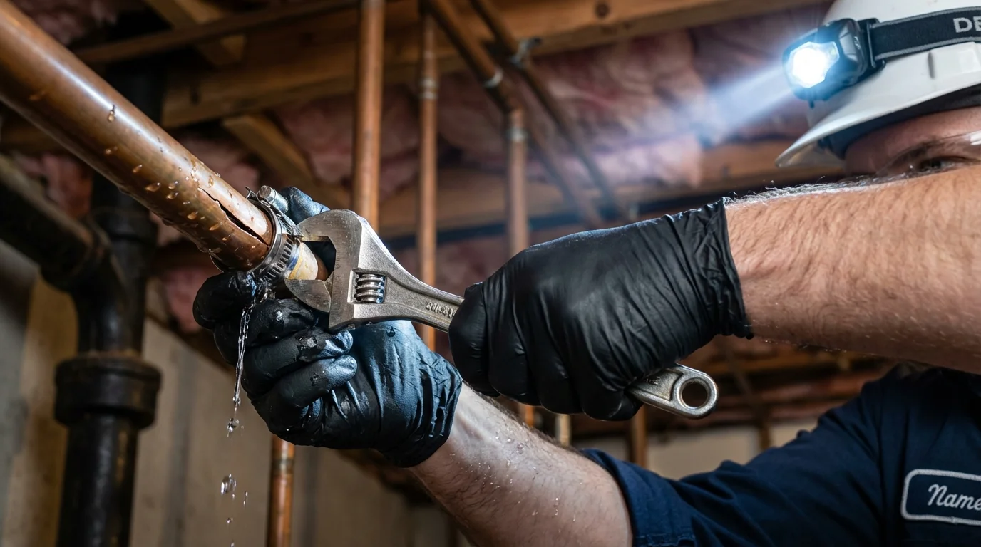 Emergency pipe clamp repair being performed by a Johns Plumbing LLC plumber in Freeburg