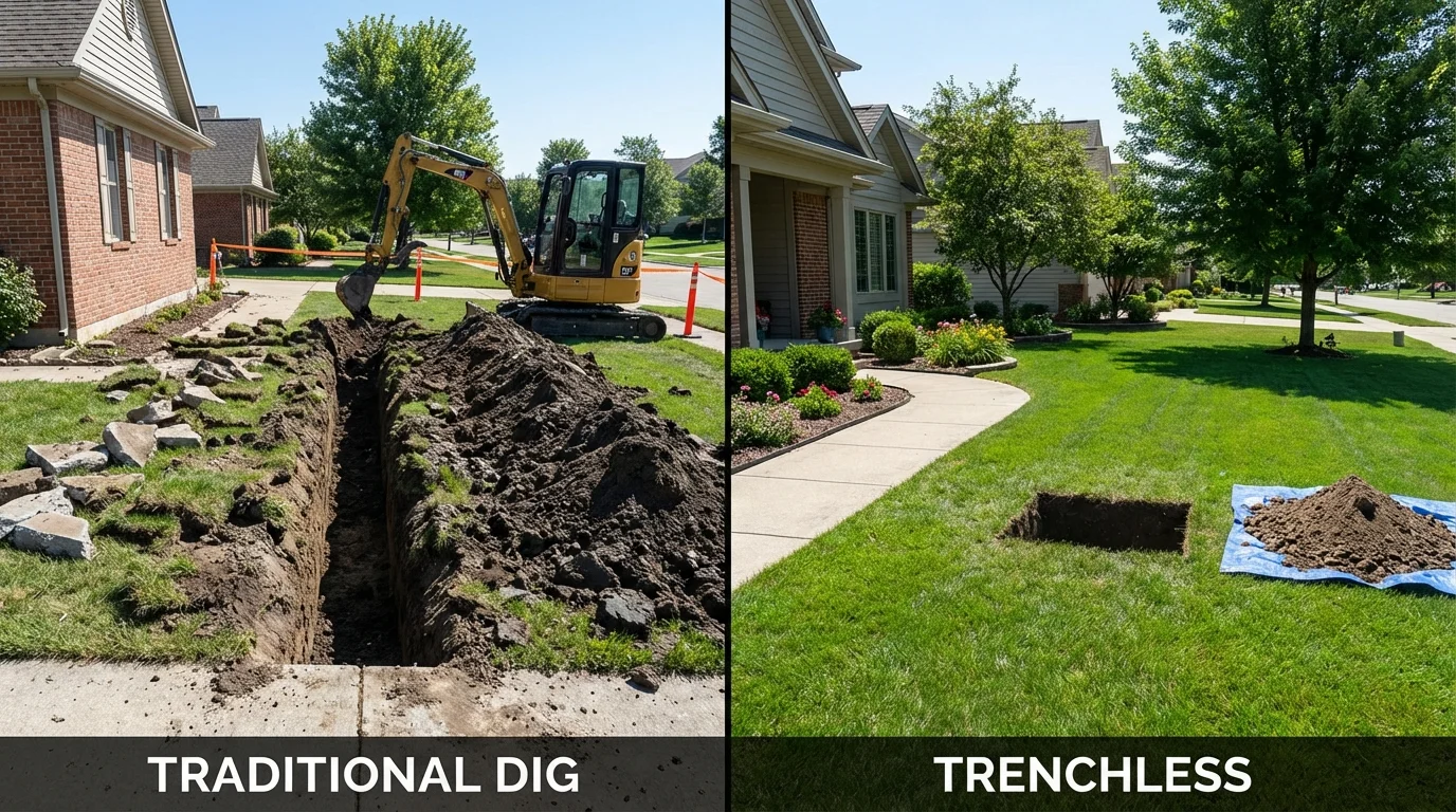 Trenchless sewer repair with minimal yard damage versus traditional excavation in Freeburg, IL