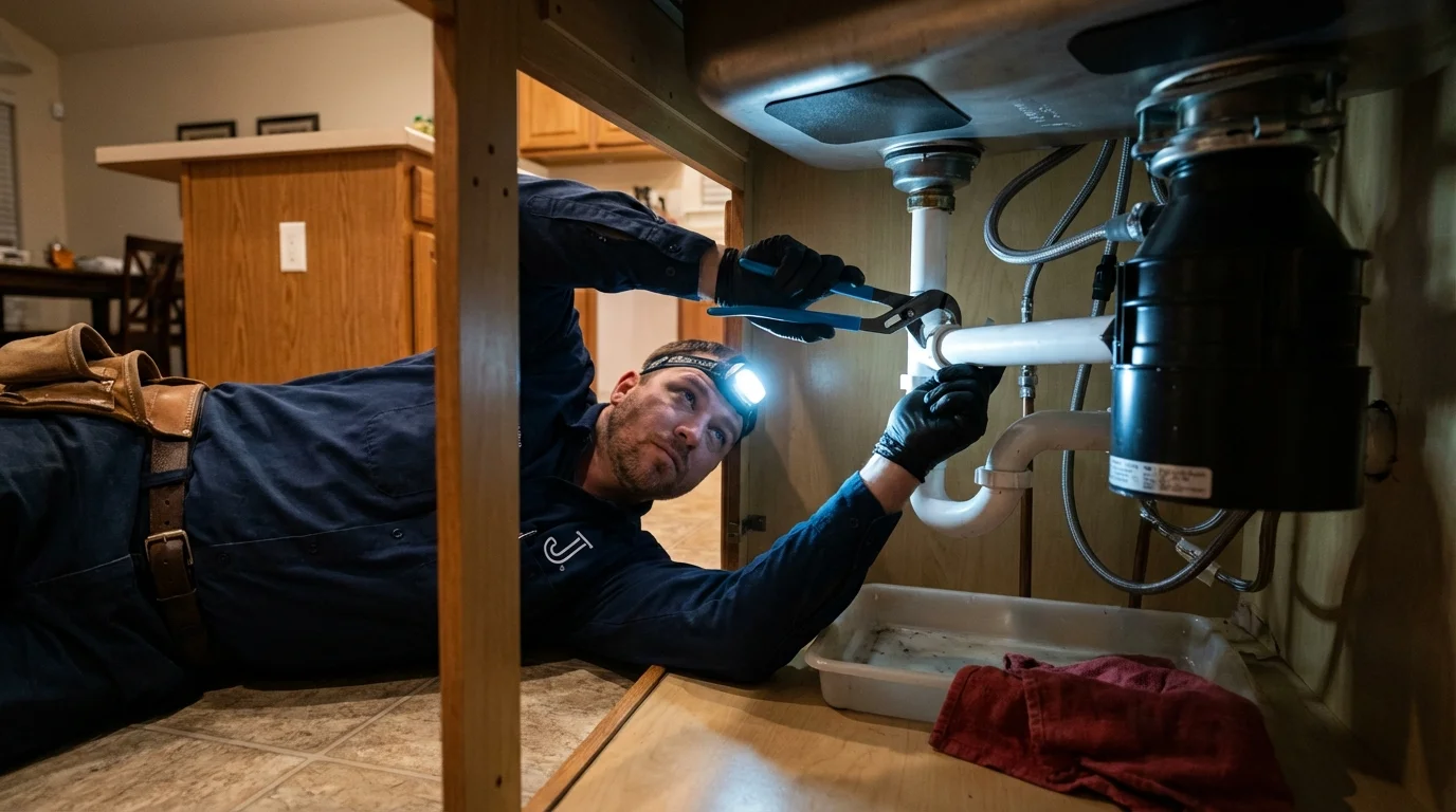 P-trap and supply line connections under a kitchen sink showing a common leak point in Freeburg, IL